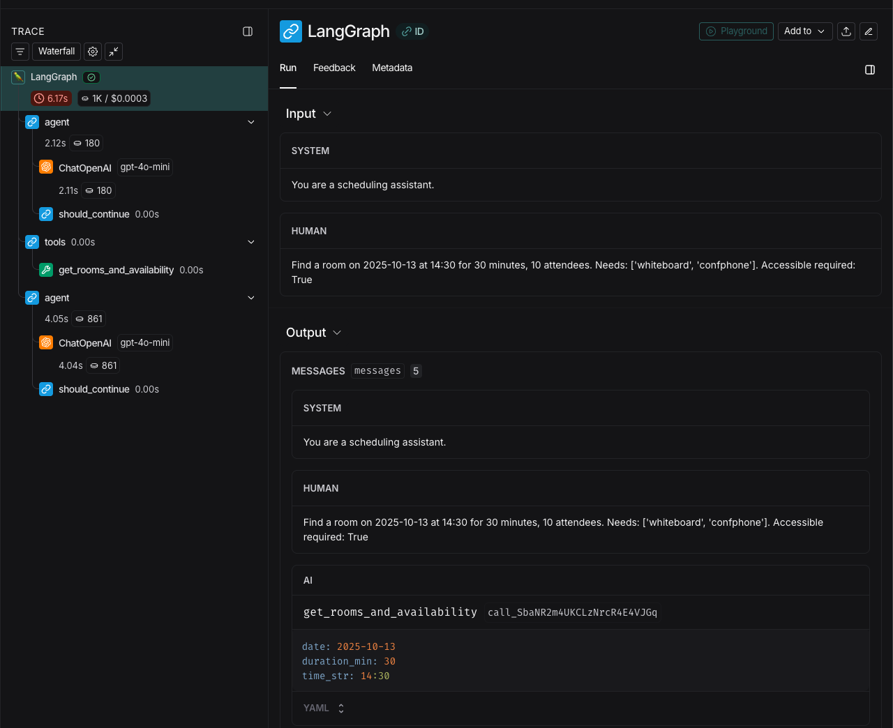 LangSmith trace view showing agent execution steps